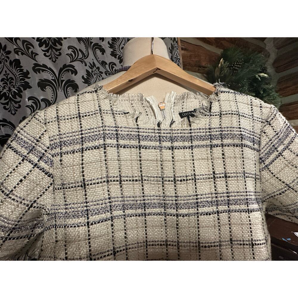 Central Park West Blue & Cream Harper Tweed Cropped Blouse MSRP $165 - Picture 4 of 9
